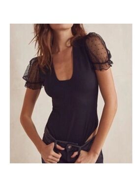 Free People NWTs!  Black Puff-Sleeve Sheer Dot Bodysuit in Medium